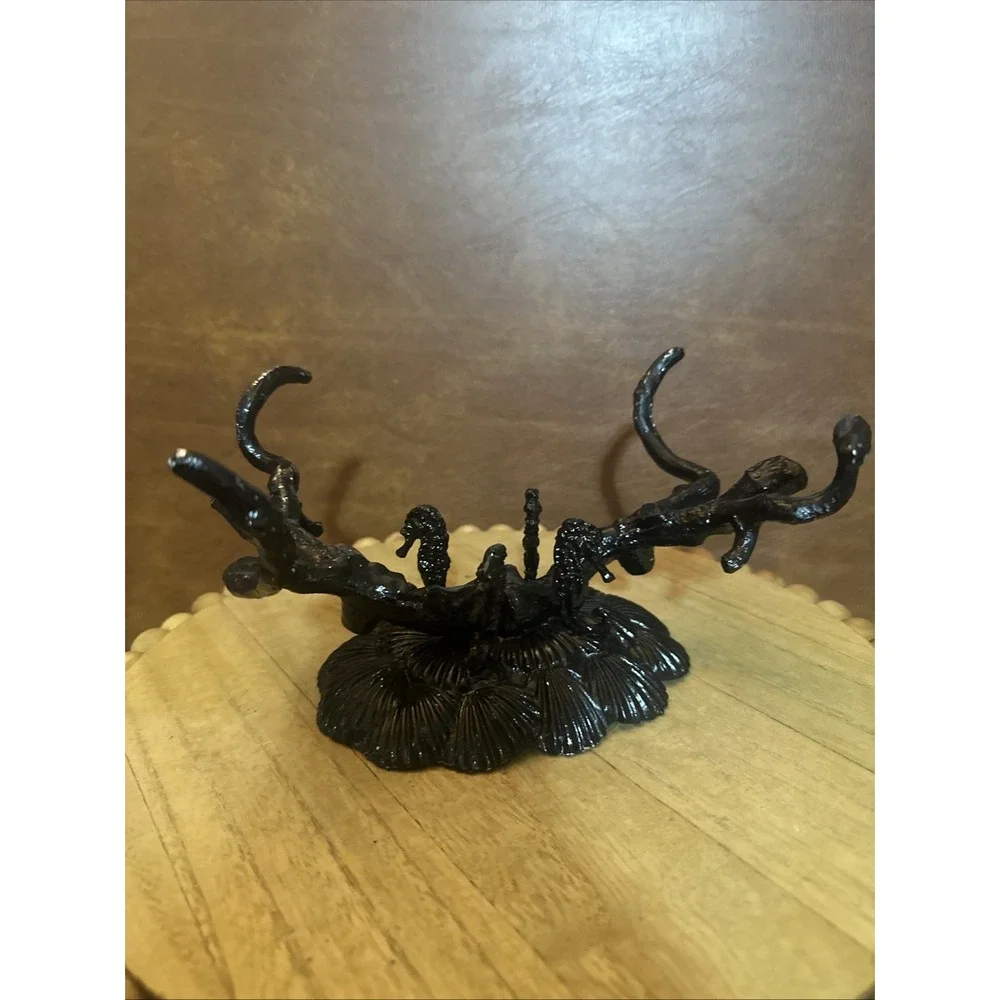 Elegant Vintage Arthur Court Mixed Metal Seahorse & Coral Black Display Stand